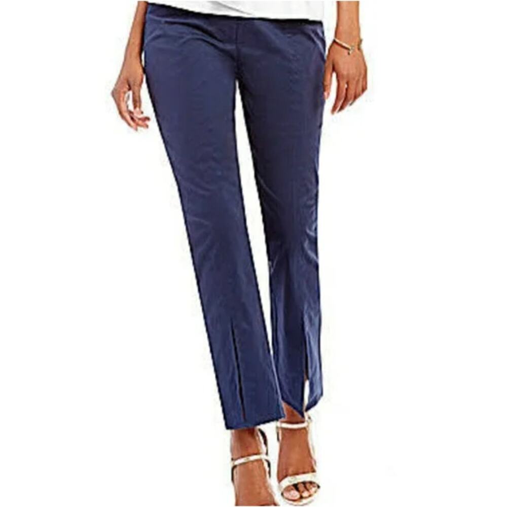 H Halston Womens Slit Front Pants Size 4 Navy Blue Straight Leg Fit Front Seam